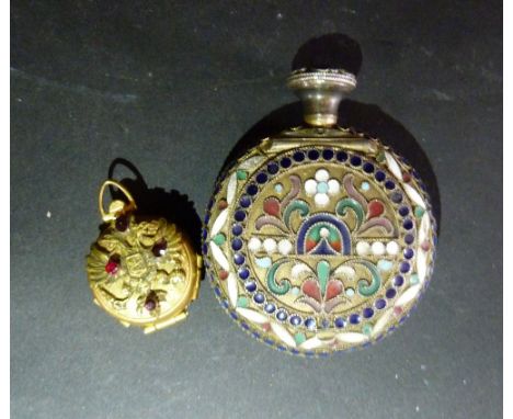 A Russian Enamel Decorated Small Cylindrical Box, decorated in polychrome enamels, together with a Russian small coin case