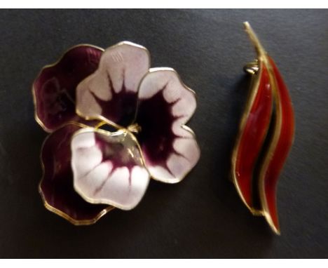 A Sterling Silver and Enamel Brooch by David Andersen, Norway, in the form of a pansy together with a similar Norwegian Sterl