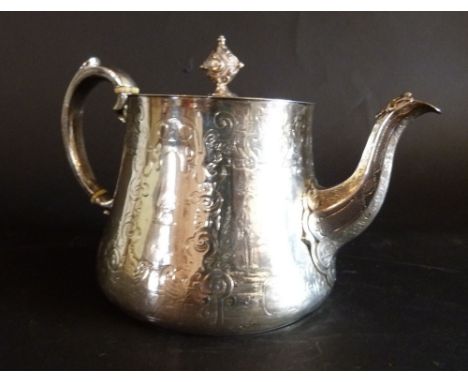 A Victorian Silver Teapot with engraved decoration and shaped finial, London 1841, 20 ozs.