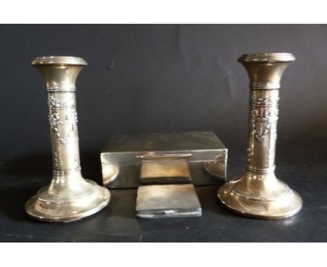 A Pair of Birmingham Silver Candlesticks, together with a silver rectangular cigarette box and a silver compact