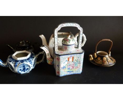 A Chinese Cloisonne Teapot with reserves depicting figures within landscapes together with four other similar teapots 