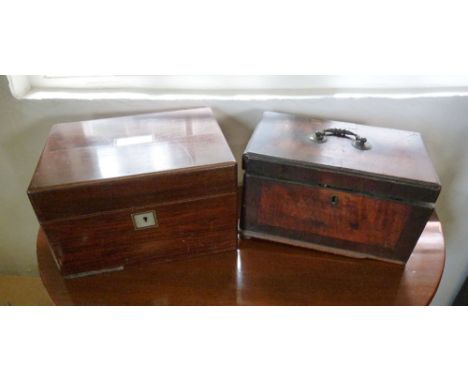 A 19th Century Rosewood Mother of Pearl Inlaid Work Box, together with an early 19th Century mahogany tea caddy (a/f)