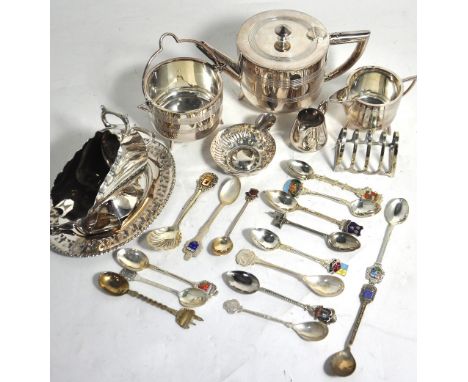 A Walker and Hall silver plated teapot, milk jug and sugar basin in the style of Dr. Christopher Dresser and a small quantity