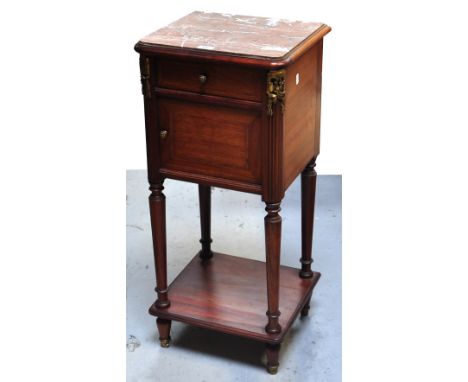 A 20th century French reproduction pot cupboard with marble top and ceramic interior, height 89cm.