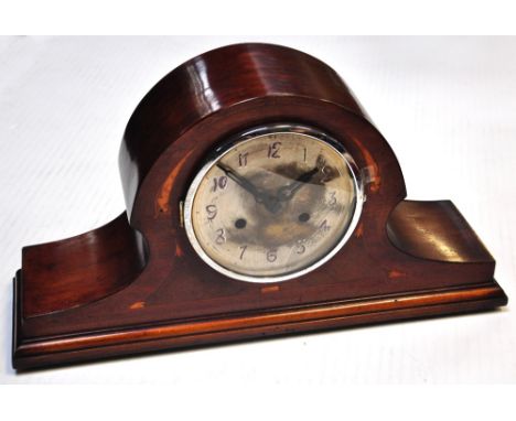 A mahogany inlaid Napoleon hat mantel clock with silvered dial set with Arabic numerals, 25cm, also a small Bentima anniversa