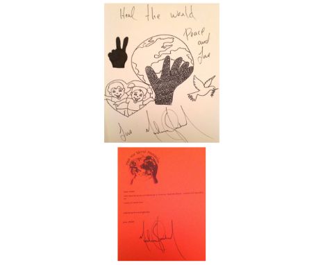 MICHAEL JACKSON; Hand drawn felt pen image of the world, cradled in the artists gloved hand and surrounded by children and a 