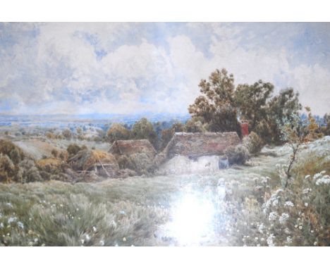 JOHN CLAYTON ADAMS (1840-1906); watercolour "Ewhurst Mill", expansive landscape with figures before a cottage in the foregrou