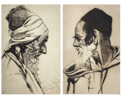 A pair of late 19th early 20th century black and white etchings, portrait studies of elderly bearded gents, one with indistin