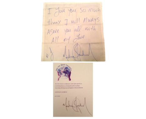 MICHAEL JACKSON; A white linen napkin inscribed in black felt pen "I love you so much, thanx (sic) I will always adore you al