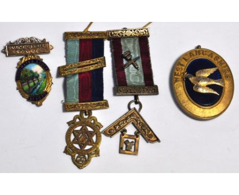 Five Masonic jewels, one silver gilt enamel for Goodmays Lodge No.5070, a hallmarked silver gilt jewel for West Lancashire Lo