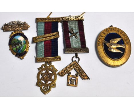 Five Masonic jewels, one silver gilt enamel for Goodmays Lodge No.5070, a hallmarked silver gilt jewel for West Lancashire Lo