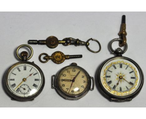 A hallmarked silver fob watch set with Roman numerals and subsidiary seconds dial, a hallmarked silver fob watch with enamel 