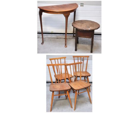 A demi-lune hall table, a sewing box (af) and four pale oak stick back dining chairs (6).