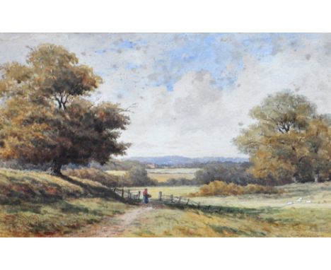 CHARLES DAVIDSON (1820-1902); watercolour, rural landscape with figure on a path before an open gate with village beyond, sig