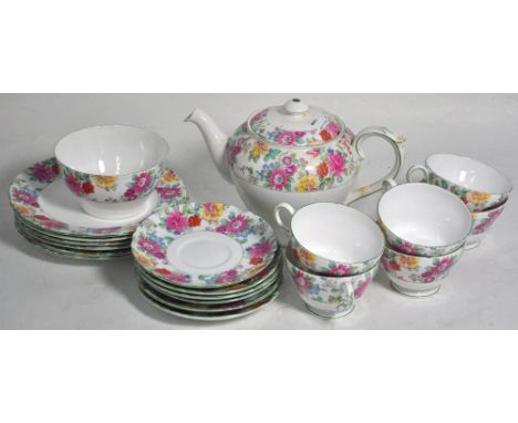 A Shelley six piece tea service to include teapot, six cups, six saucers and six side plates. CONDITION REPORT One cup has a 