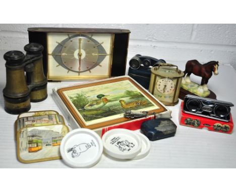 A Swiza Mignon seven jewel carriage clock, Metamec mantel clock, cased binoculars and three cased sets of opera glasses to in