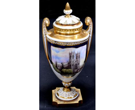 A large boxed Royal Worcester gilt heightened twin handled commemorative vase and cover "Westminster Abbey", 2007, produced i