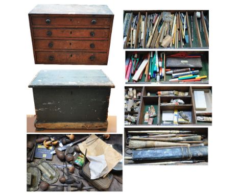 SEAN RICE (1931-1997); a small four drawer graduated chest and a small pine lidded box containing various brushes, tools, pen