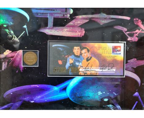 A first day cover of "Star Trek" signed by Leonard Nimoy and William Shatner, framed and glazed, accompanied by a USPS post m