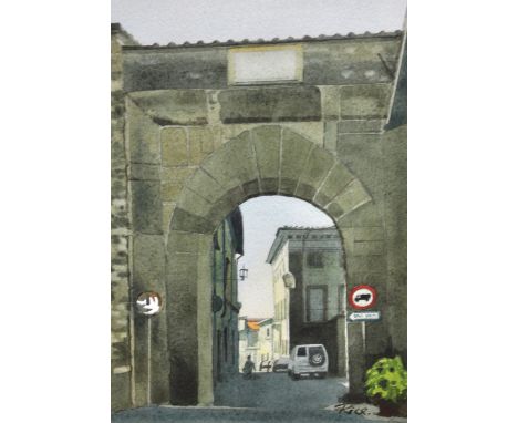 SEAN RICE (1931-1997); watercolour, "North Gate Fivizzano Lunisiana Tuscany", signed, inscribed on label verso, 25 x 16.75, f