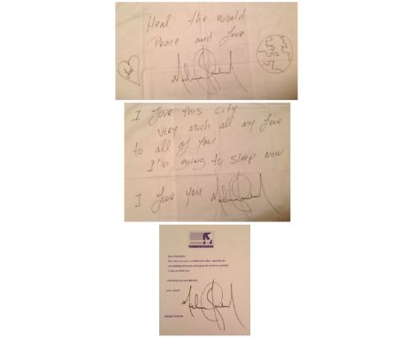 MICHAEL JACKSON; A white cotton pillowcase inscribed to one side "I love this city very much, all my love to all of you, I'm 