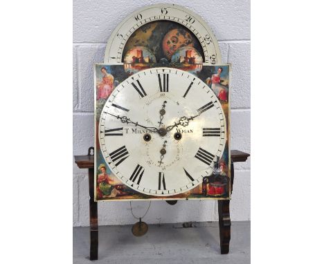 A 19th century longcase clock face consisting of wood supports to either side, enamel dial set with Roman numerals, moon face