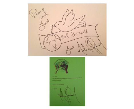 MICHAEL JACKSON; Hand drawing of a dove carrying the world, with text "Heal The World" within a banner and the words "Peace a