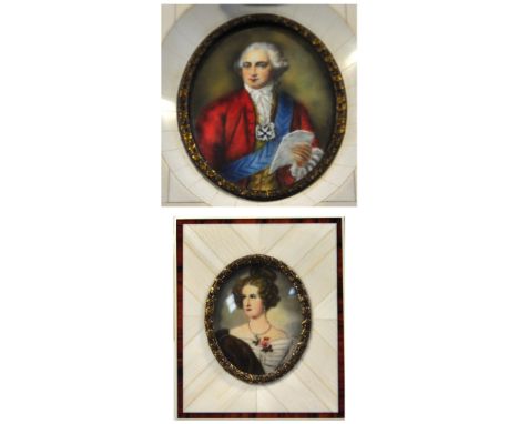 Two decorative oval portrait miniatures in ivory piano key frames, 14.5 x 12.5cm and 8.5 x 7.25cm (2).