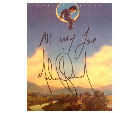 MICHAEL JACKSON; a "Neverland Valley" coloured card bearing the artists signature in black felt pen 27 x 20cm.