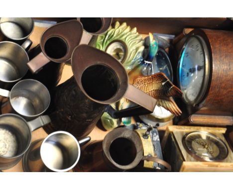 A quantity of metalware, an oak cased mantel clock and five others (7).