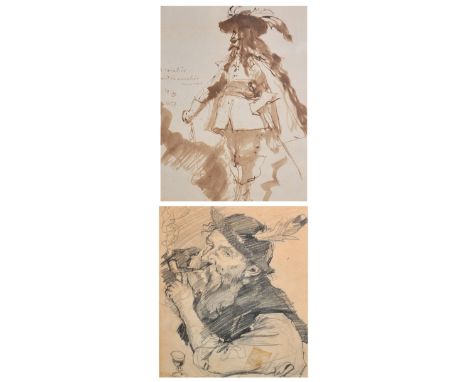 Pen, ink and watercolour "A Cavalier" bearing the monogram "JG", dated 1877, 22 x 18cm and an early 20th century pencil sketc
