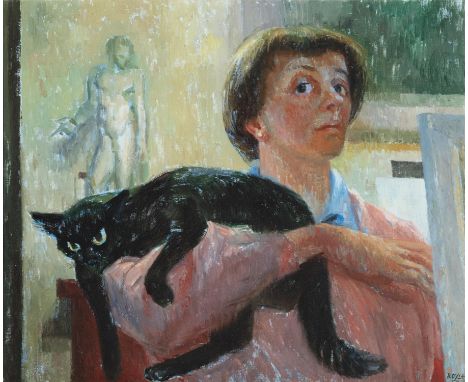 Alicia Boyle RBA RHA RUA (1908-1997) Self portrait with a Cat (1953)Oil on canvas, 50 x 60cm (19&frac34; x 23&frac12;")Signed