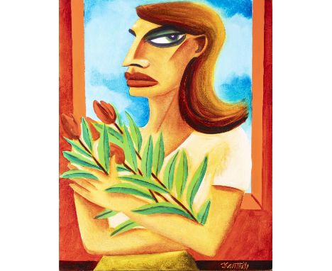 Graham Knuttel (1954-2023) Lady with Red Tulips Oil on canvas, 71 x 56.5cm (28 x 22&frac14;'') Signed