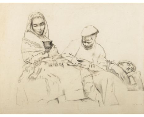 Se&aacute;n Keating PPRHA (1889 -1977) Three Figures and a Cat Pencil and charcoal, 40.5 x 52cm (16 x 20&frac12;")&nbsp;Signe