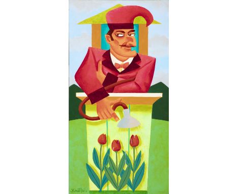 Graham Knuttel&nbsp;(1954-2023) Mr Punch Watering TulipsOil on canvas, 81.5 x 41.5cm (32 x 16&frac12;'')Signed