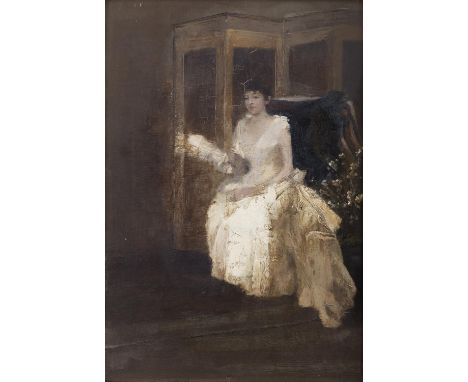 Sir John Lavery RA RSA RHA (1856-1941)  Portrait Interior with Oriental Screen (c.1886)  Oil on panel, 42 x 28cm (16 ½ x 11”)