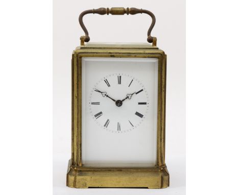 Japy Freres, an early 20th century brass corniche cased hourly striking carriage clock, striking on a bell, the white dial wi