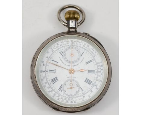 A Swiss 935 silver open key wind chronograph pocket watch, retailed by S. Smith & Sons, 9 Strand, London, Miles from 1/4 mile