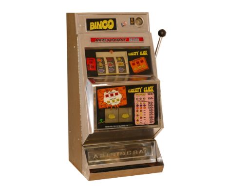 Aristocrat Elite Bingo one arm bandit electromechanical three reel slot machine, serial number HT 477, 10p play, mounted on a