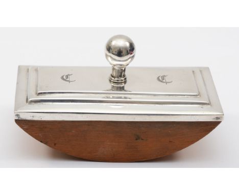 An early 20th century silver ink blotter, unmarked, with stepped rectangular mount, and chased monograms, 12.5 x 6.5cm.  Cond