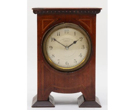 Goldsmiths &amp; Silversmiths; an Edwardian inlaid mahogany cased mantle clock, silvered chapter ring with black Arabic numer