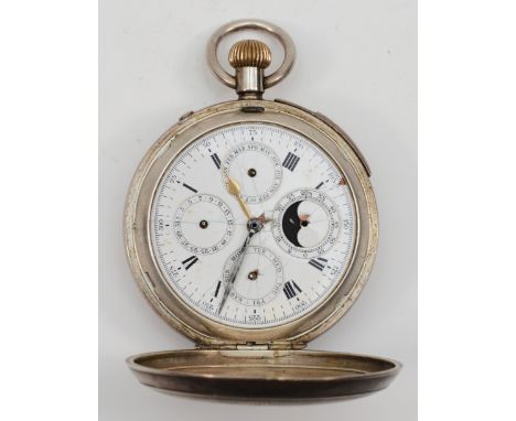 A silver keyless wind full hunter multi dial repeating pocket watch, Chester 1935, the dial with day, date, month and seconds