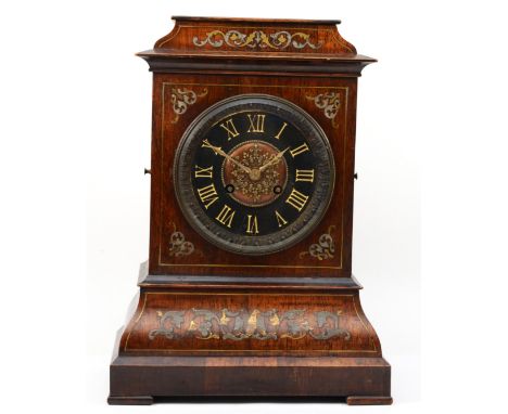 A 19th century French brass inlaid Rosewood mantel clock, the black slate chapter ring with highlighted Roman numerals, the m