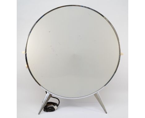 Sputnik Atomic Sofona; a mid 20th century circular electric heater, with white enamel sides, raised on Sputnik chrome support