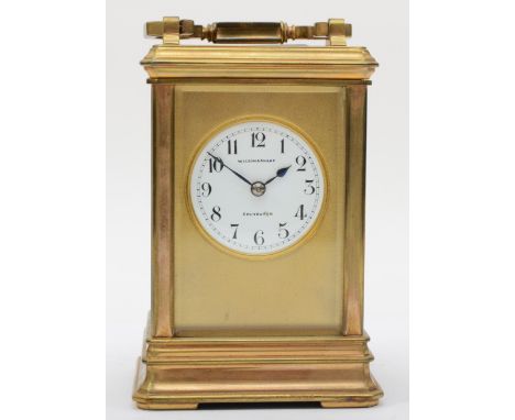 Wilson & Sharp of Edinburgh, a 20th century brass corniche cased half hourly striking alarm carriage clock, the white dial wi