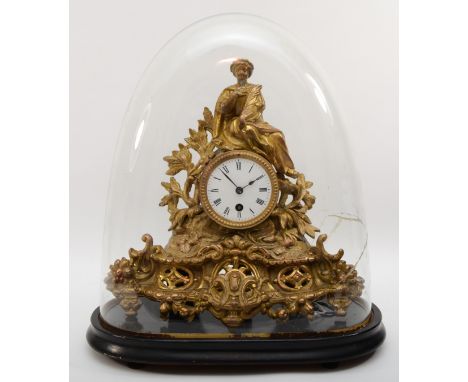A 19th century French gilt metal drumhead mantle clock, surmounted with a classical maiden and leaf decoration, the white dia