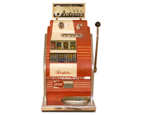 Diamond 3 Star by Sega one arm bandit mechanical three reel slot machine, c.1960, 6d play, back open, 82 x 42 x 45cm. Provena