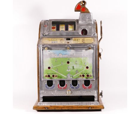 A Mills baseball slot machine, one arm bandit, c.1929, vendor front, restored and working on an American 25 cent coin, wooden