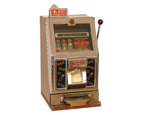 Jennings Galaxy one arm bandit electromechanical three reel slot machine, c.1966, 1 shilling/5 new pence play, open, key, 74 