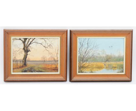 Neil Spilman (b.1951), a pair, lake in the spring and sunset track, oil on board, each signed and dated, framed, 14.5x19.5cm 